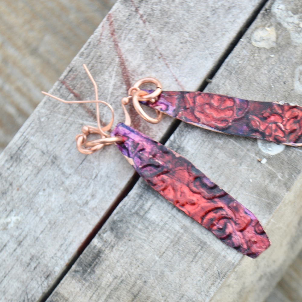 Pink Purple Floral Roses Long Copper Earrings Drop - Picture 2 of 3
